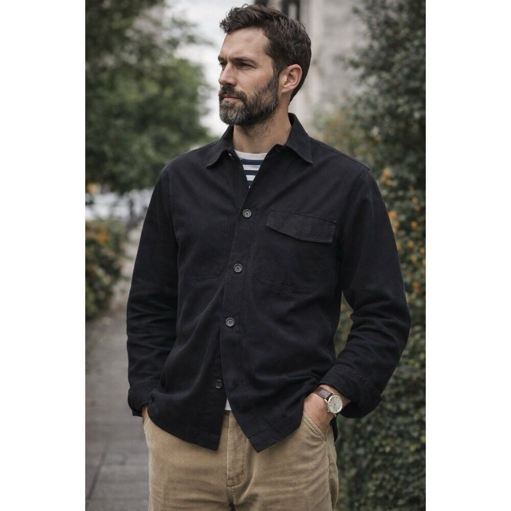 Oliver Spencer Mens Shirt Jacket Sz Large Black Organic Cotton Utility Coat